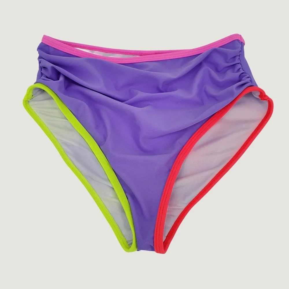 POPVIL High Waist Colorblock Ruched Bikini Swim‎ Bottoms Small Purple Lined New